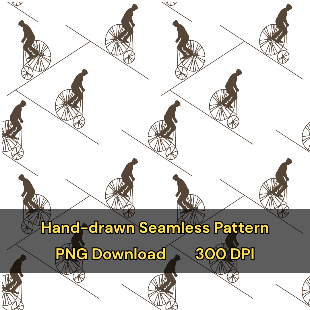 Old Fashioned Bicycle Penny-Farthing Seamless Pattern: Hand-Drawn Tileable Print (Digital Download, PNG, 4000x4000px, 300 DPI)