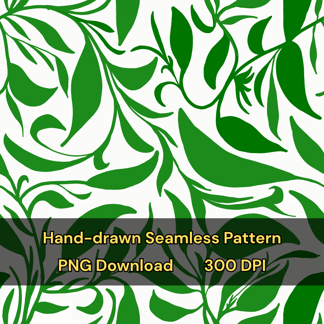 Seamless Pattern Green Leaves Surface Design,  PNG Green and White Vines Hand-drawn Repeating Print, Tileable Art Background, Digital Paper