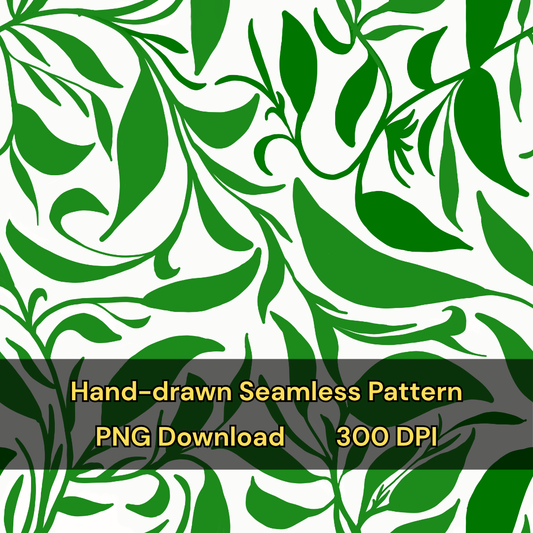 Seamless Pattern Green Leaves Surface Design,  PNG Green and White Vines Hand-drawn Repeating Print, Tileable Art Background, Digital Paper