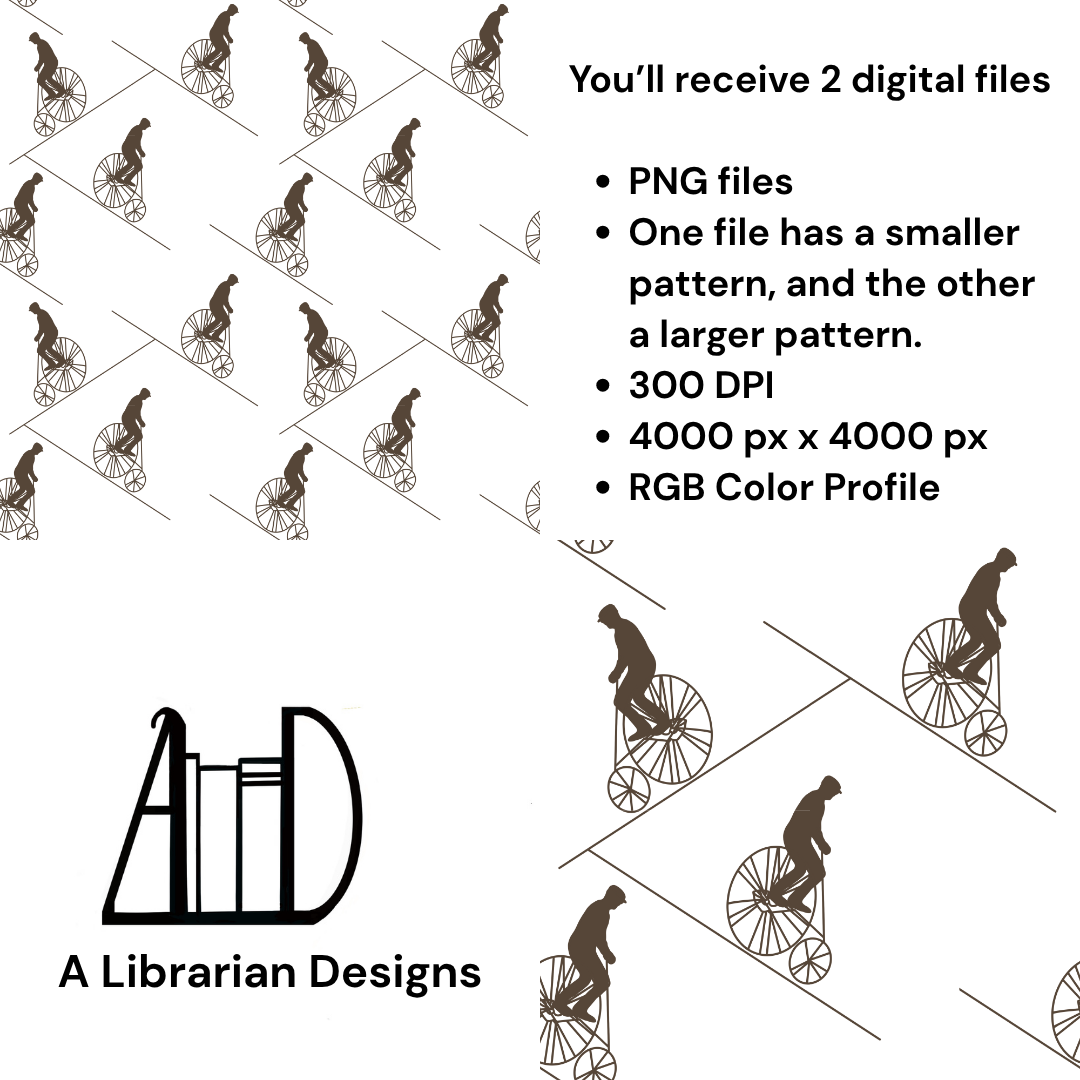Old Fashioned Bicycle Penny-Farthing Seamless Pattern: Hand-Drawn Tileable Print (Digital Download, PNG, 4000x4000px, 300 DPI)