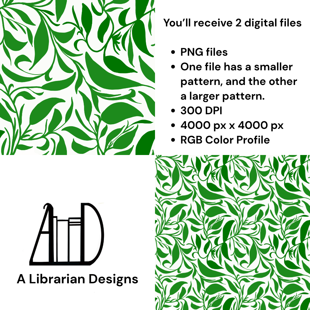 Seamless Pattern Green Leaves Surface Design,  PNG Green and White Vines Hand-drawn Repeating Print, Tileable Art Background, Digital Paper