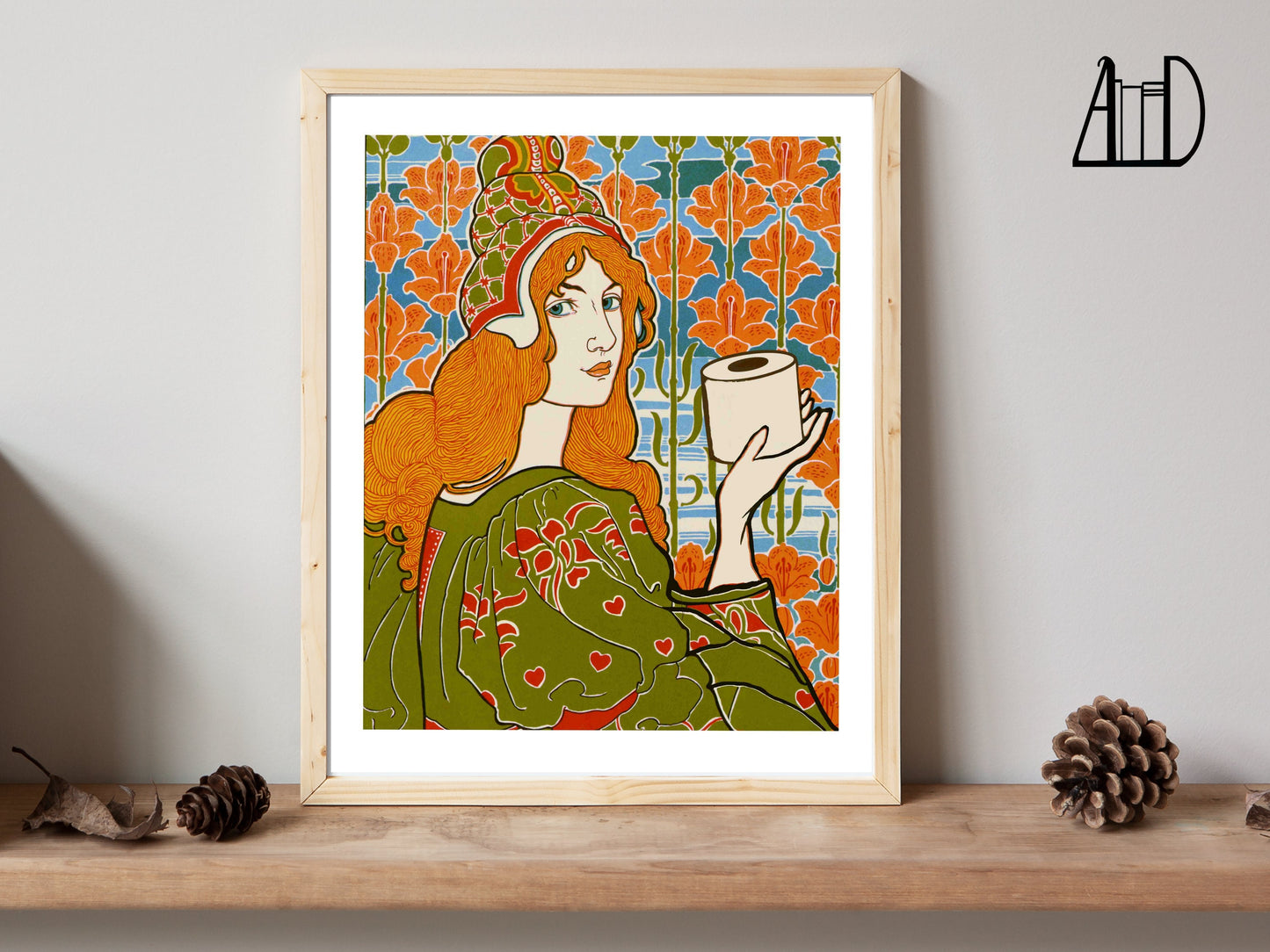 Nouveau Bathroom Toilet Paper Fairy Art Print, Renaissance Redhead Woman Art