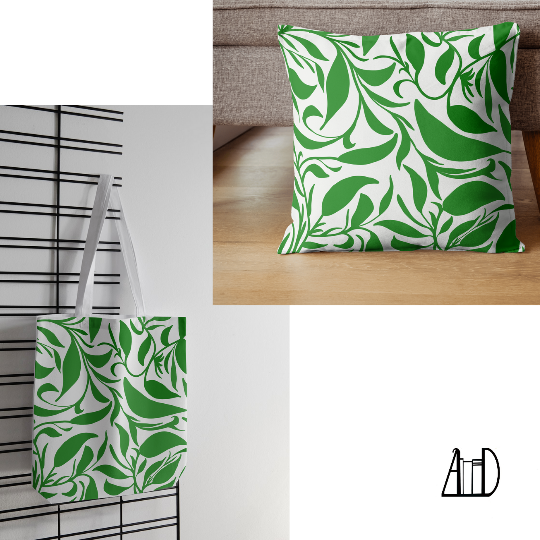 Seamless Pattern Green Leaves Surface Design,  PNG Green and White Vines Hand-drawn Repeating Print, Tileable Art Background, Digital Paper