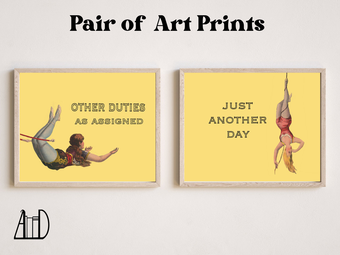 Office Humor Wall Art Set of Two, Funny Work Signs Vintage Acrobats