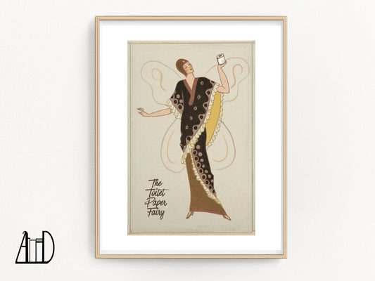 Art Deco Nouveau Bathroom Wall Print, Toilet Paper Fairy Funny Sign for Bath Powder Room, Stylish Vintage Fashion Sketch Decor