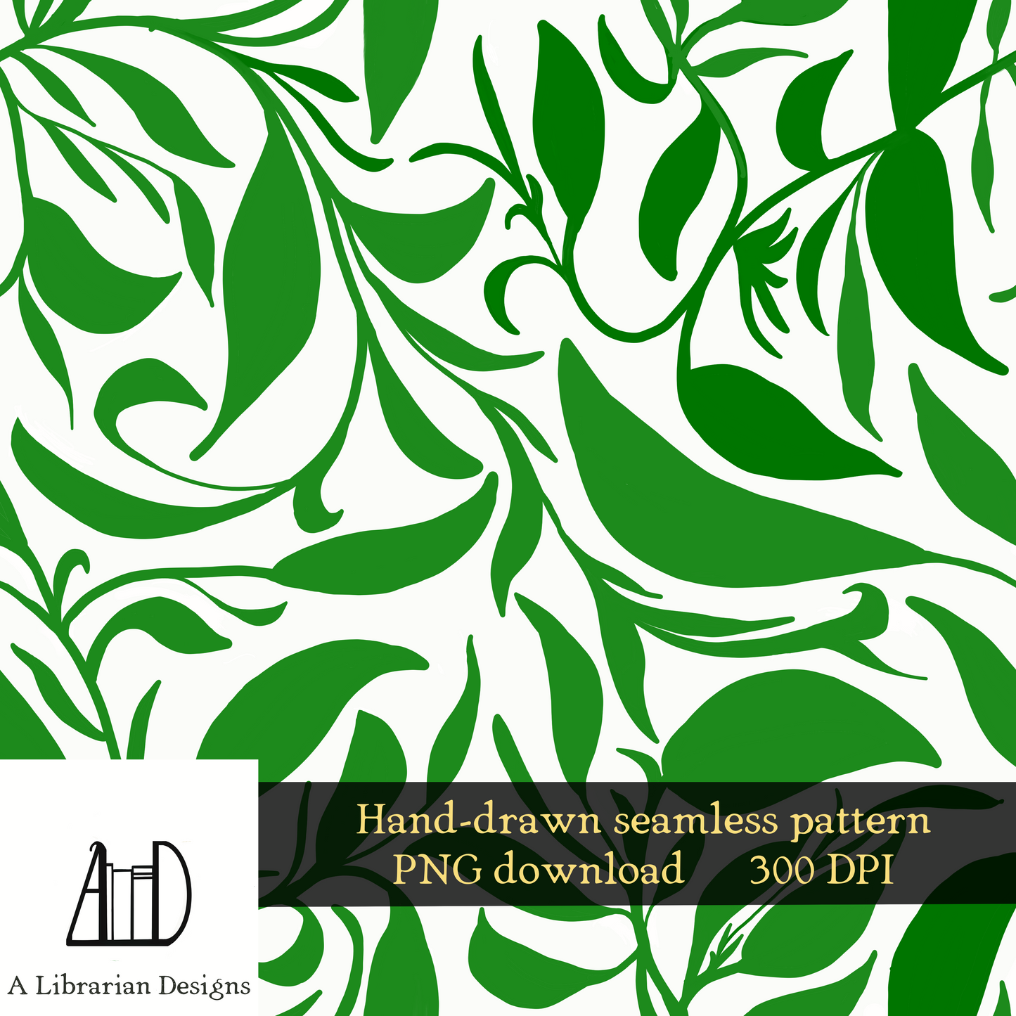 Seamless Pattern Green Leaves Surface Design, PNG Green and White Vines Hand-drawn Repeating Print, Tileable Art Background, Digital Paper