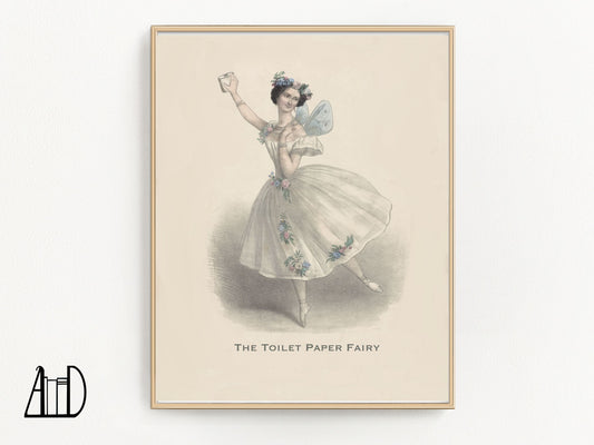Ballerina Toilet Paper Fairy Bathroom Art Print, Powder Room Vintage Ballet Wall Decor, Funny Guest Bath Poster, Quirky Mother's Day Gift