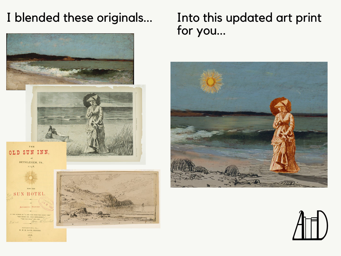 Seascape Beachy Collage Art Print, Victorian Beach Ocean Scene Poster, Unique Muted Collage Landscape Wall Decor 8x10 Physical Print