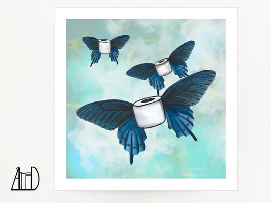 Bathroom Wall Art Butterfly Print, Blue Butterflies Decor, Flying Toilet Paper Funny Square Print 12 Inch, Altered Art Vintage Watercolor