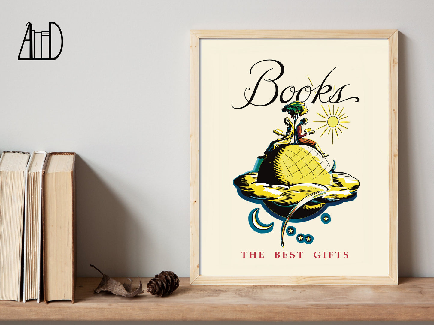 A print showing two readers sitting on a globve and leaning on a tree. It says "Books, The best Gifts."