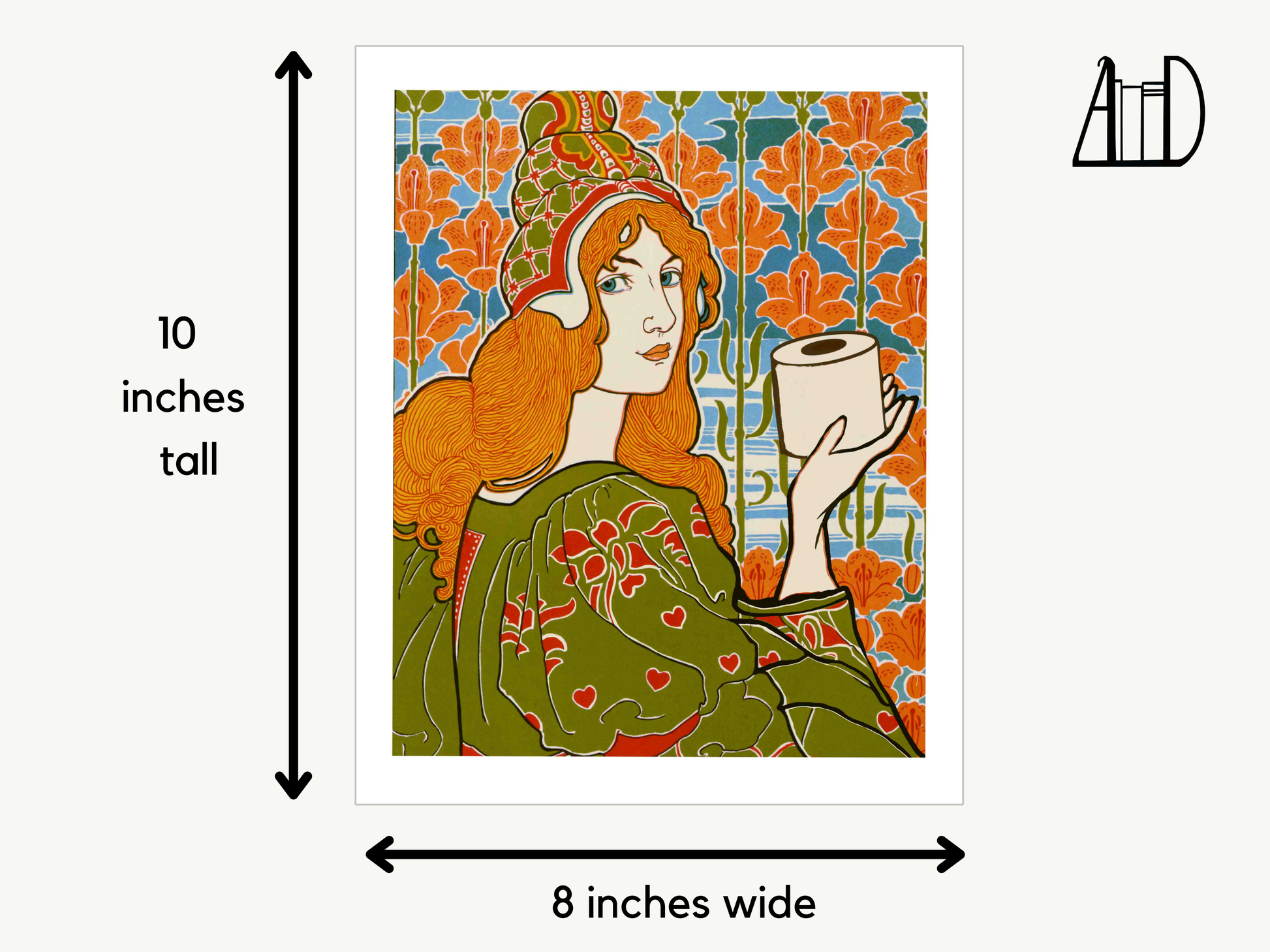 Artistic depiction of a woman with red hair holding a roll of paper towels, with measurements on the sides.