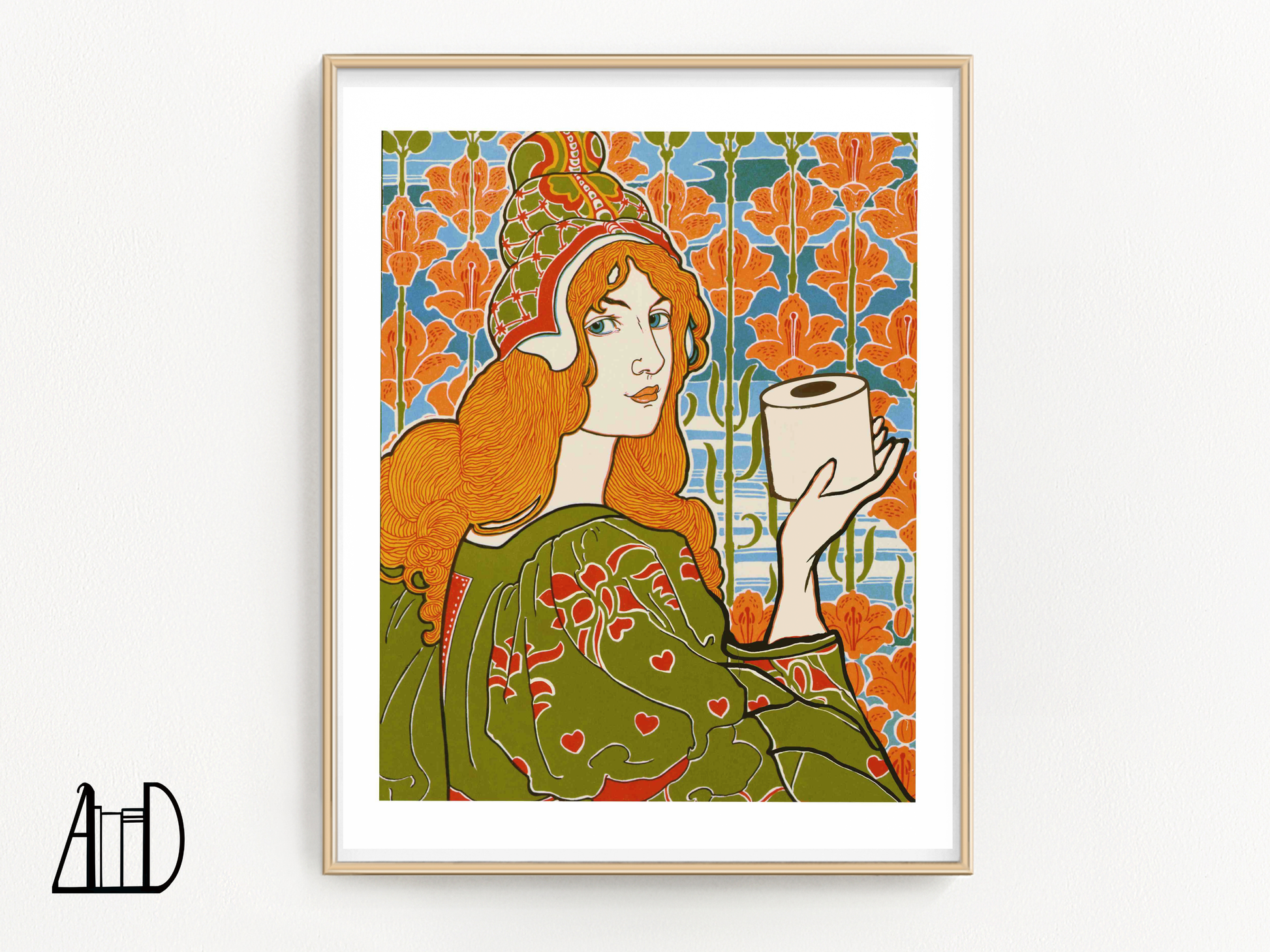 Framed image of a red-haired woman in Art Nouveau style holding a roll of toilet paper. 
