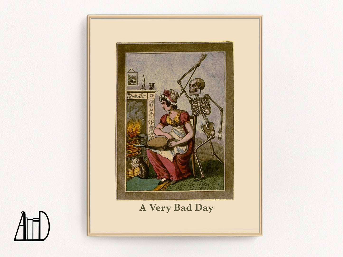 Drawing of a seated woman in front of a fireplace with a skeleton behind holding a raised spear. The words "A Very Bad Day" appear at they bottom. 
