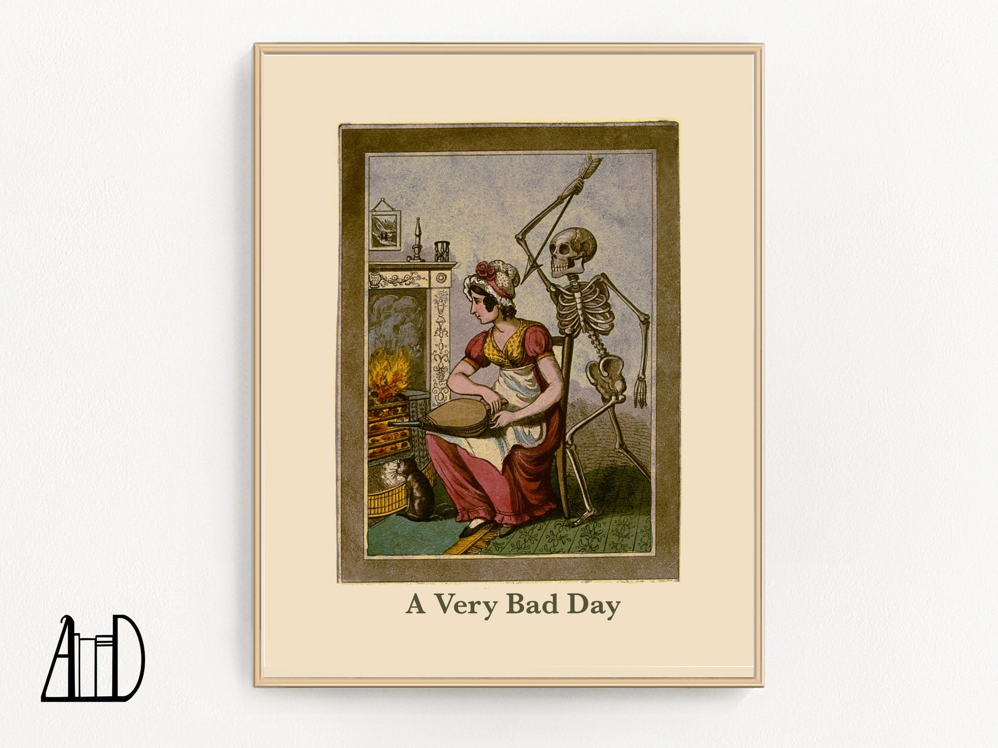 Drawing of a seated woman in front of a fireplace with a skeleton behind holding a raised spear. The words "A Very Bad Day" appear at they bottom. 