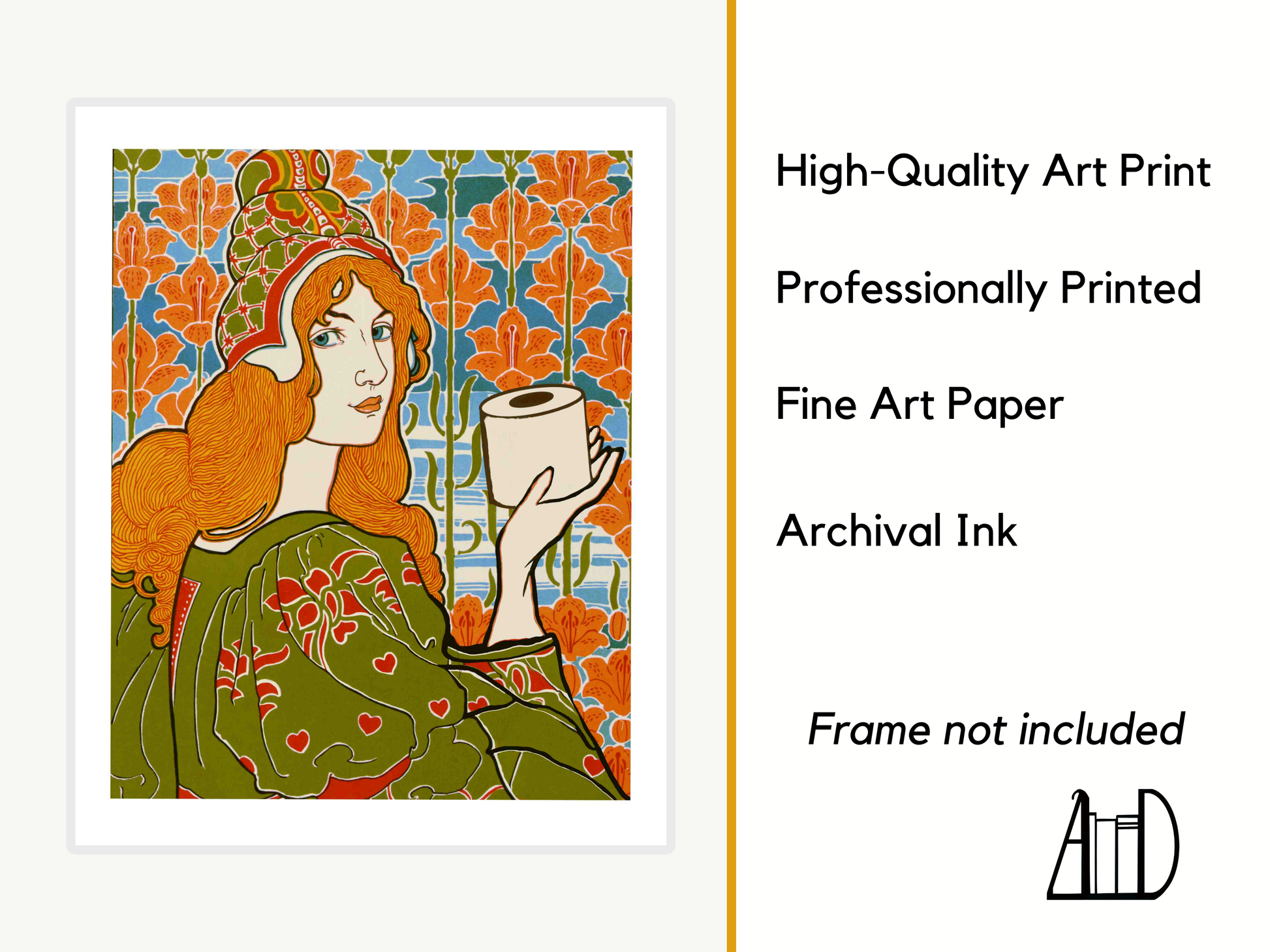 Art print of a woman with red hair holding a cup, with text about the product details.