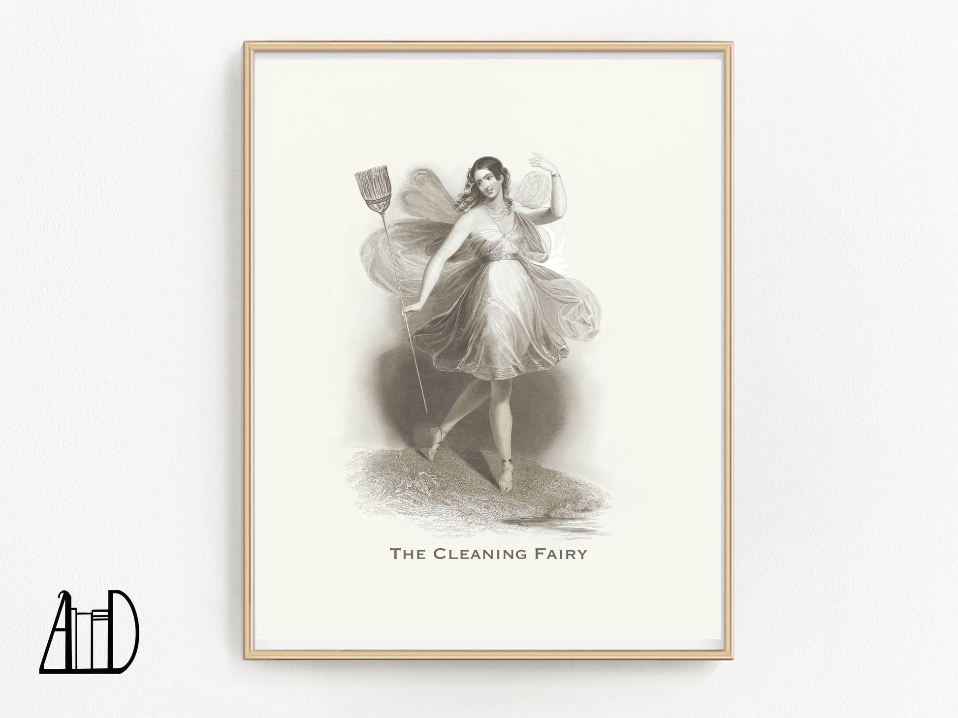 An art print of a winged woman holding a broom, titled 'The Cleaning Fairy', in shades of gray and brown on a cream background.