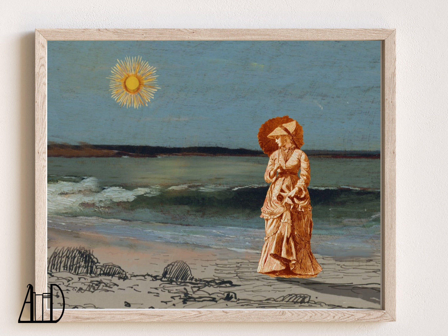Seascape Beachy Collage Art Print, Victorian Beach Ocean Scene Poster, Unique Muted Collage Landscape Wall Decor 8x10 Physical Print