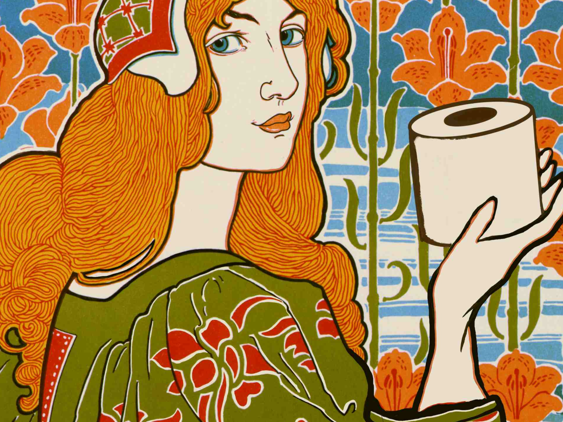 Artistic illustration of a woman with red hair holding a roll of toilet paper against a floral background.