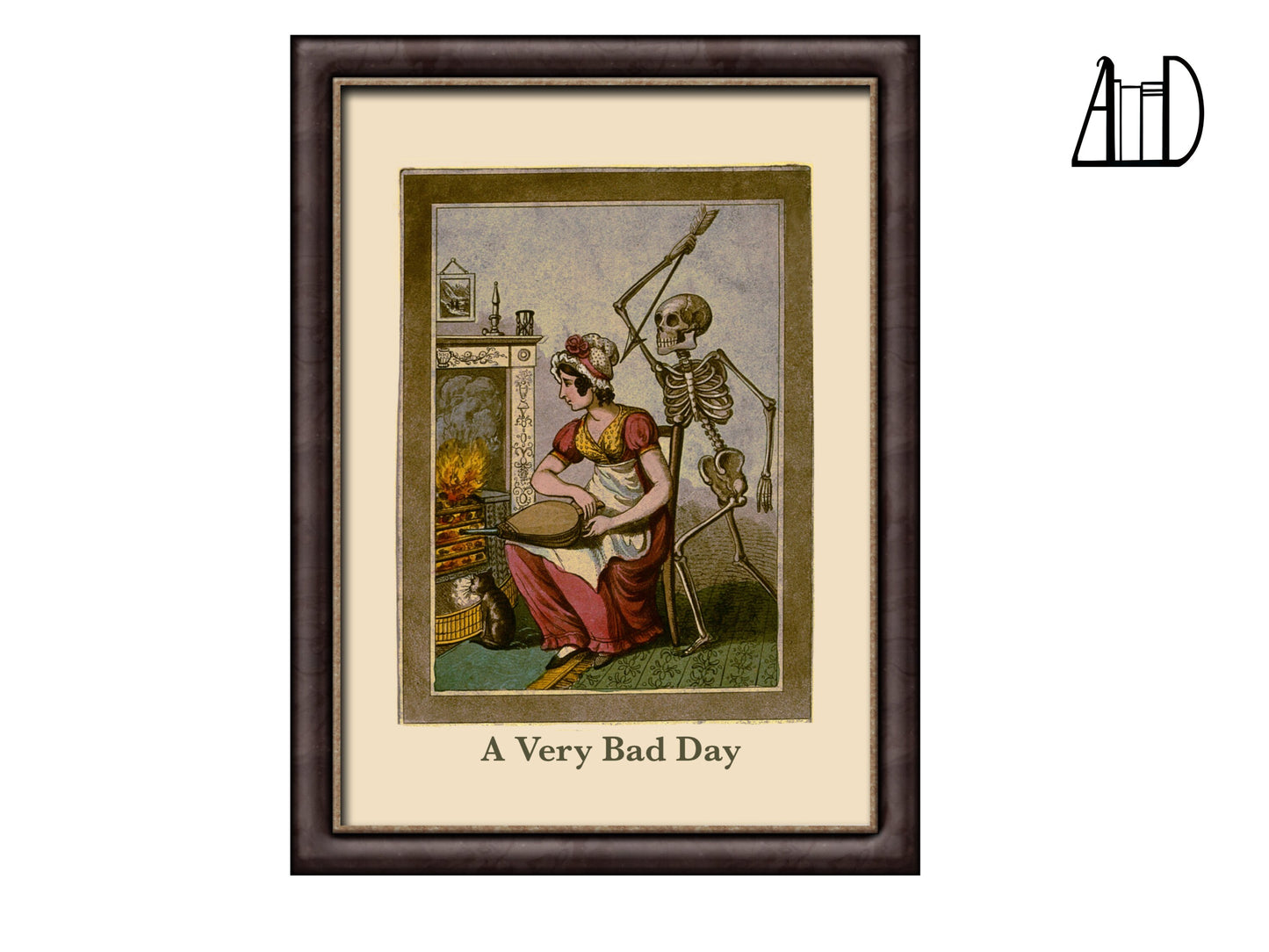 Drawing of a seated woman in front of a fireplace with a skeleton behind holding a raised spear. The words "A Very Bad Day" appear at the bottom.  This art is shown in a frame. 