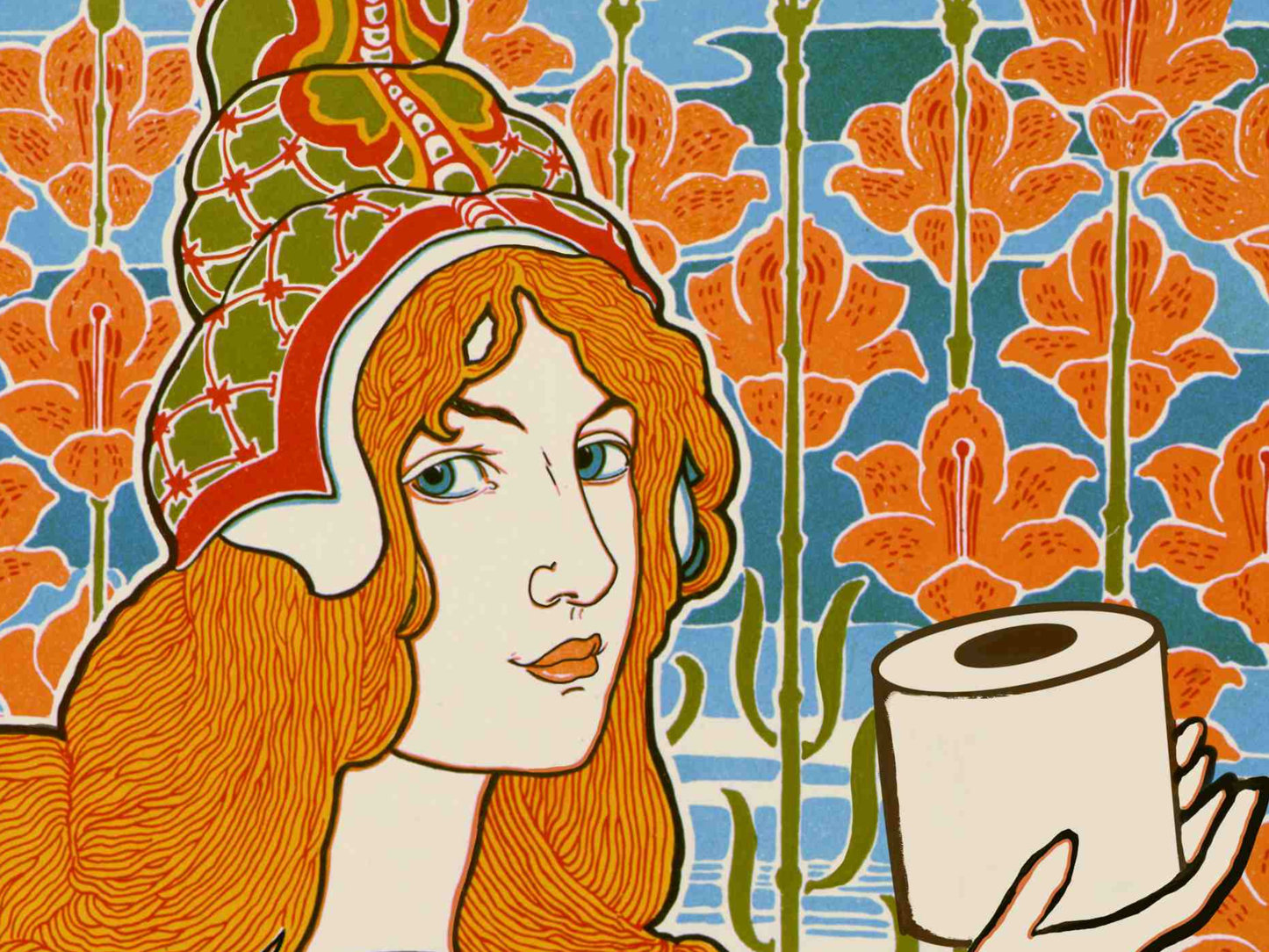 Artistic illustration of a red-haired woman with a headpiece and a roll of toilet paper, set against a floral-patterned background.