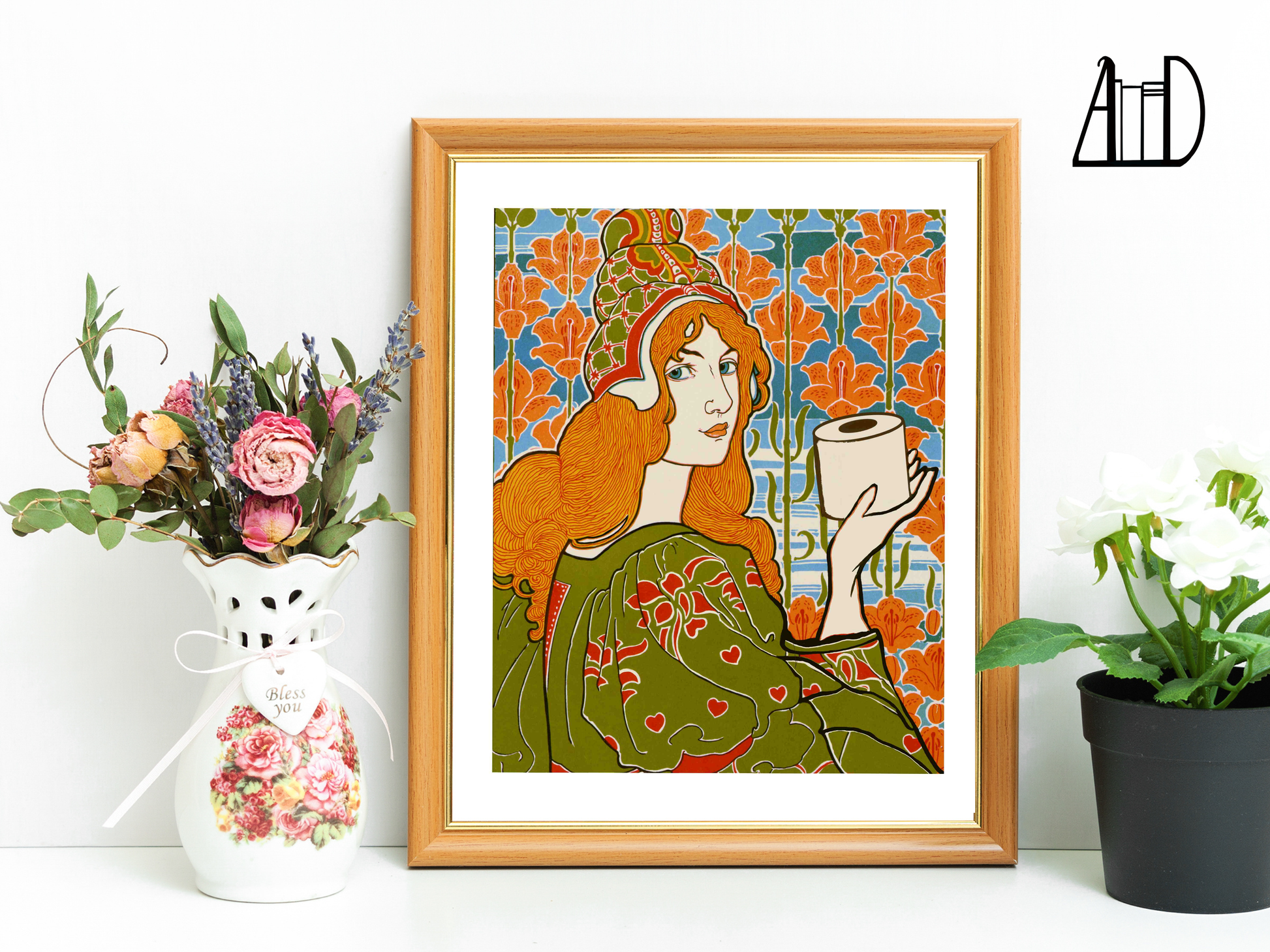 Framed artwork of a woman with red hair holding a roll of toilet paper surrounded by a vase of flowers and a plant.