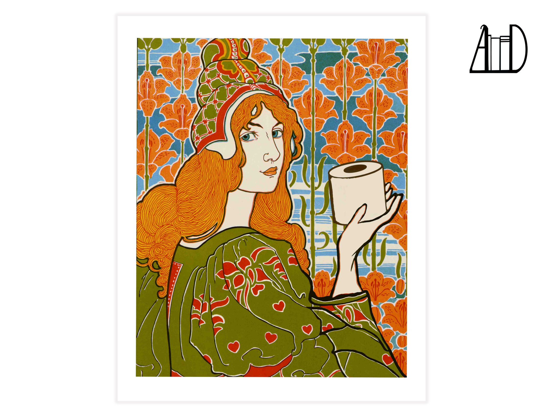 An image of a red-haired woman in Art Nouveau style holding a roll of toilet paper. 