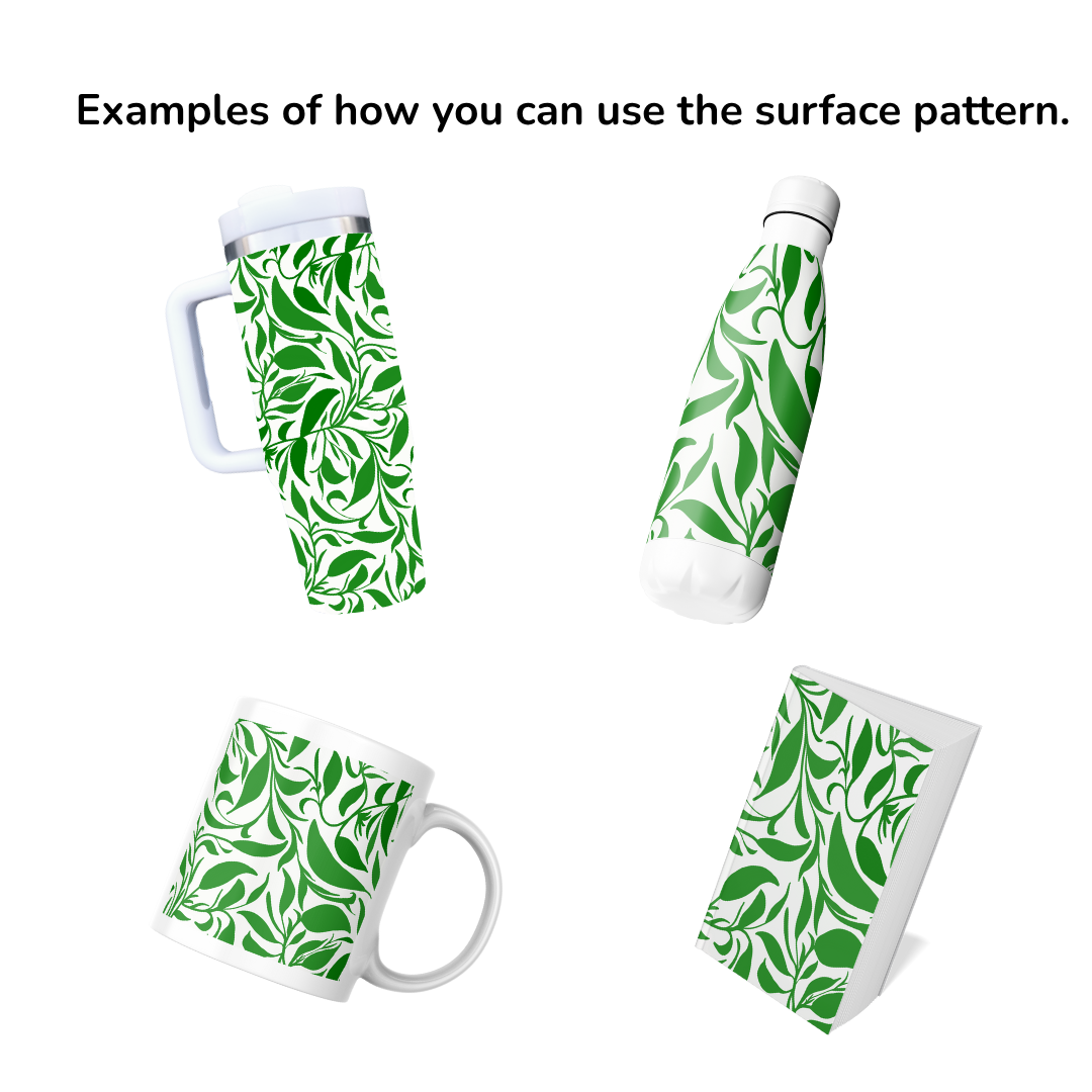 Seamless Pattern Green Leaves Surface Design,  PNG Green and White Vines Hand-drawn Repeating Print, Tileable Art Background, Digital Paper