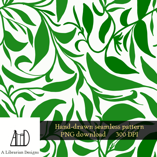 Seamless Pattern Green Leaves Surface Design,  PNG Green and White Vines Hand-drawn Repeating Print, Tileable Art Background, Digital Paper
