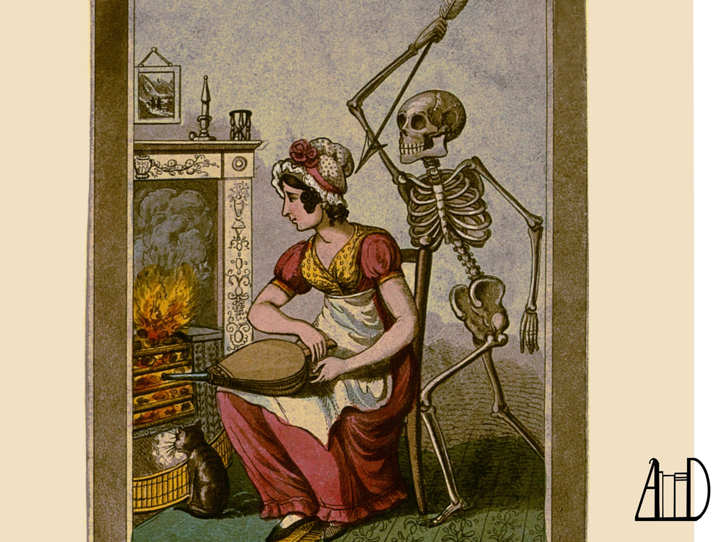 Drawing of a seated woman in front of a fireplace with a skeleton behind holding a raised spear.