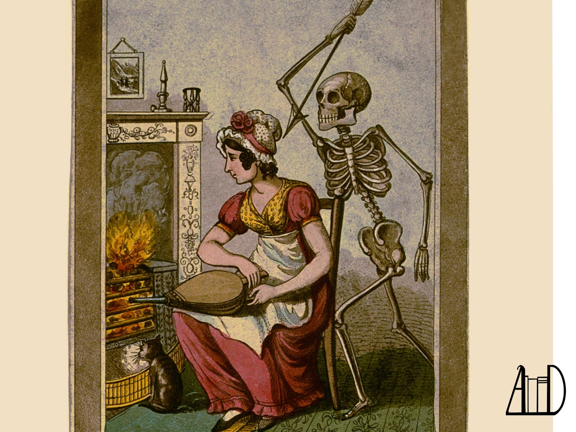 Drawing of a seated woman in front of a fireplace with a skeleton behind holding a raised spear.