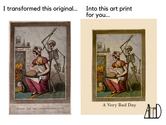 Vintage Death Moody Whimsigoth Wall Decor, Victorian Momento Mori Art Print, Sarcastic Bad Day Humor, Skeleton Macabre Gothic Eclectic Art