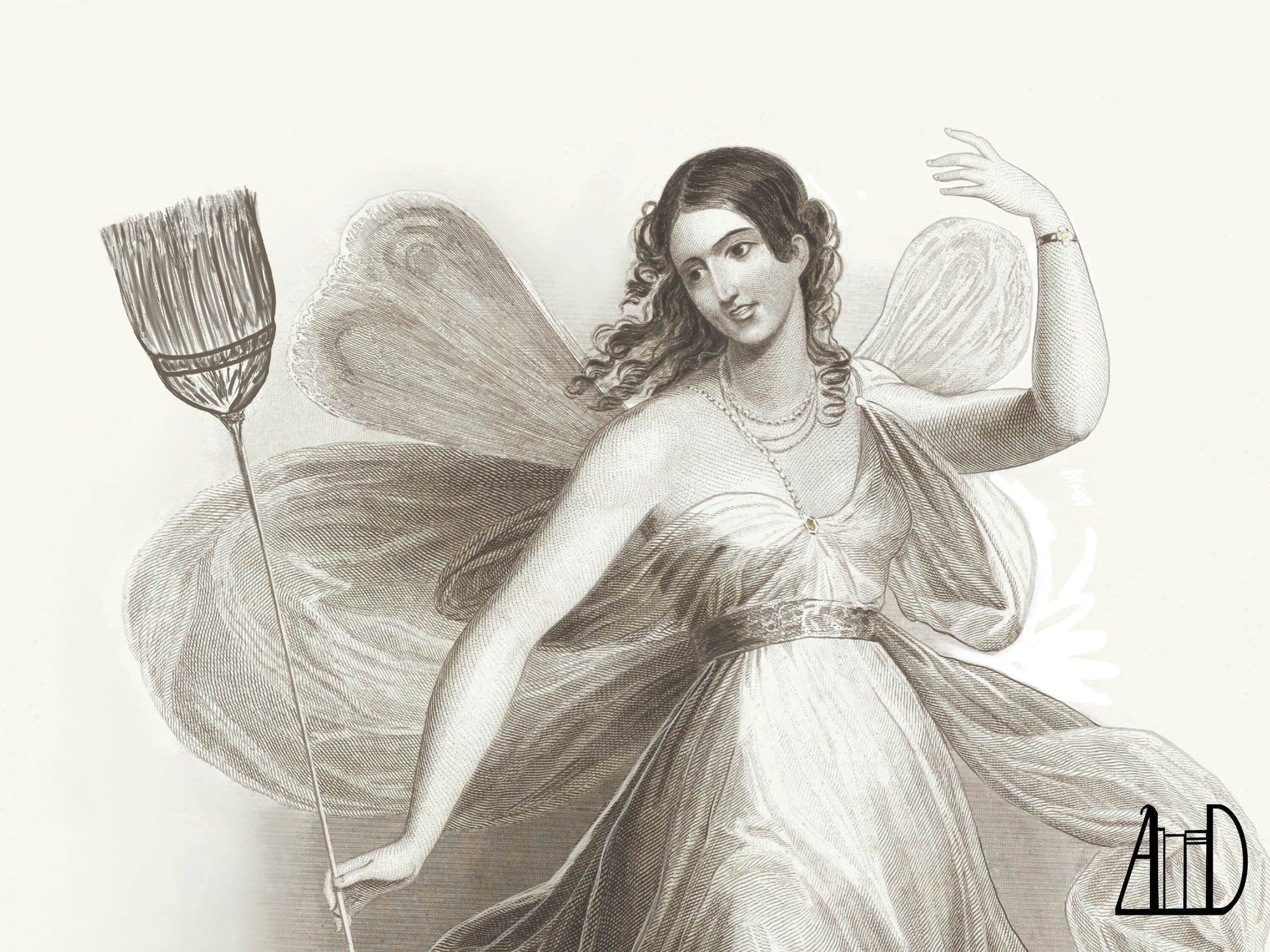 Closeup of the drawing of a fairy holding a broom