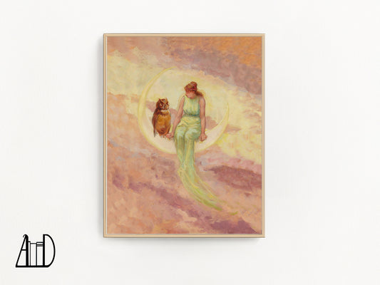 Moon Goddess Art, Nursery Wall, Witchy Woman Print, Vintage Owl Art, Fairy Tale Art, Celestial Physical Art, Coquette Room Decor